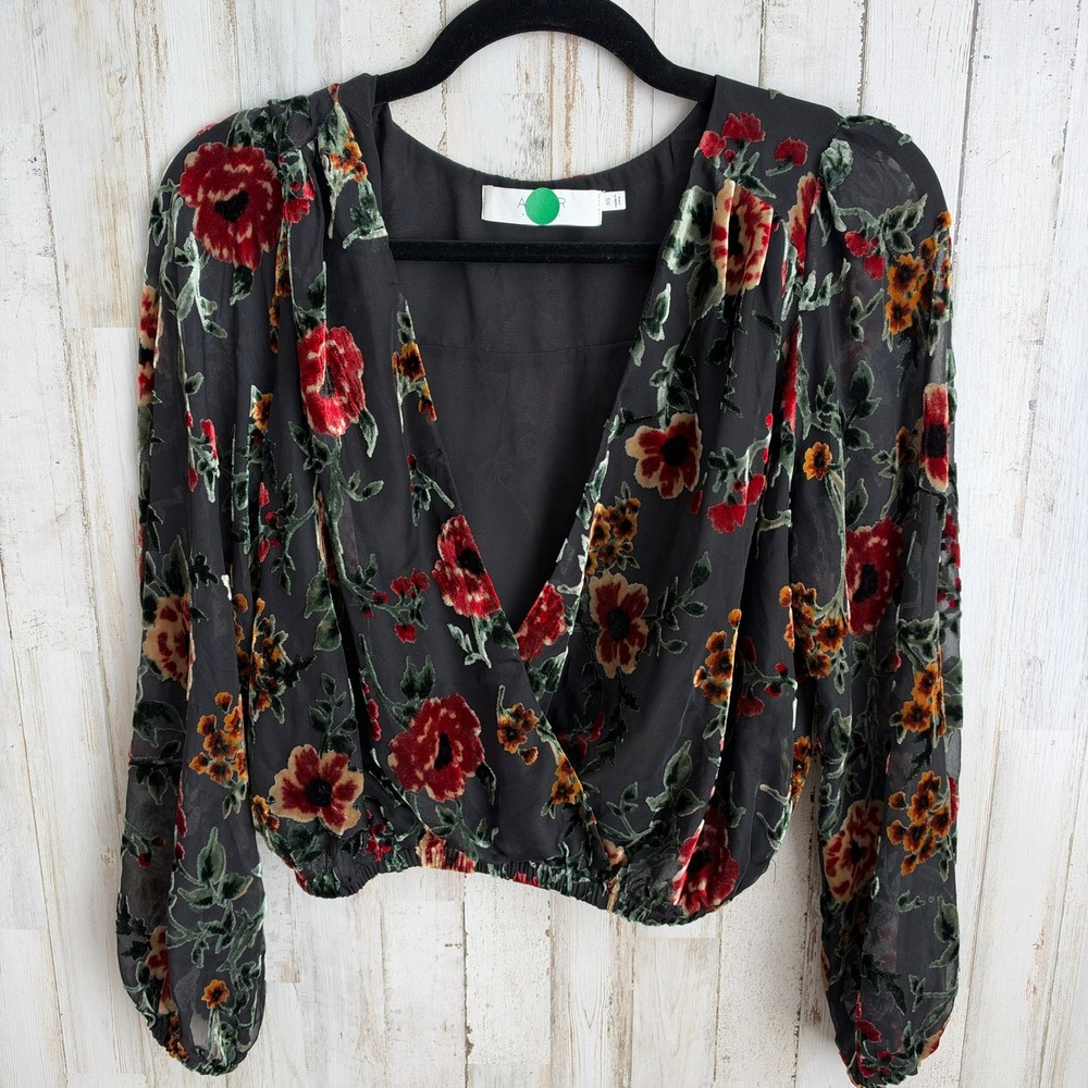 ASTR The Label Blouse XS Black Floral Velvet Burnout Bubble Crop Top Balloon